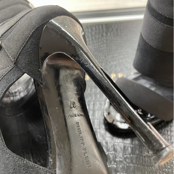 🔥 Philipp  Plein High Heel Sandals Black Multi Straps and logo crystal - Picture 2 of 5